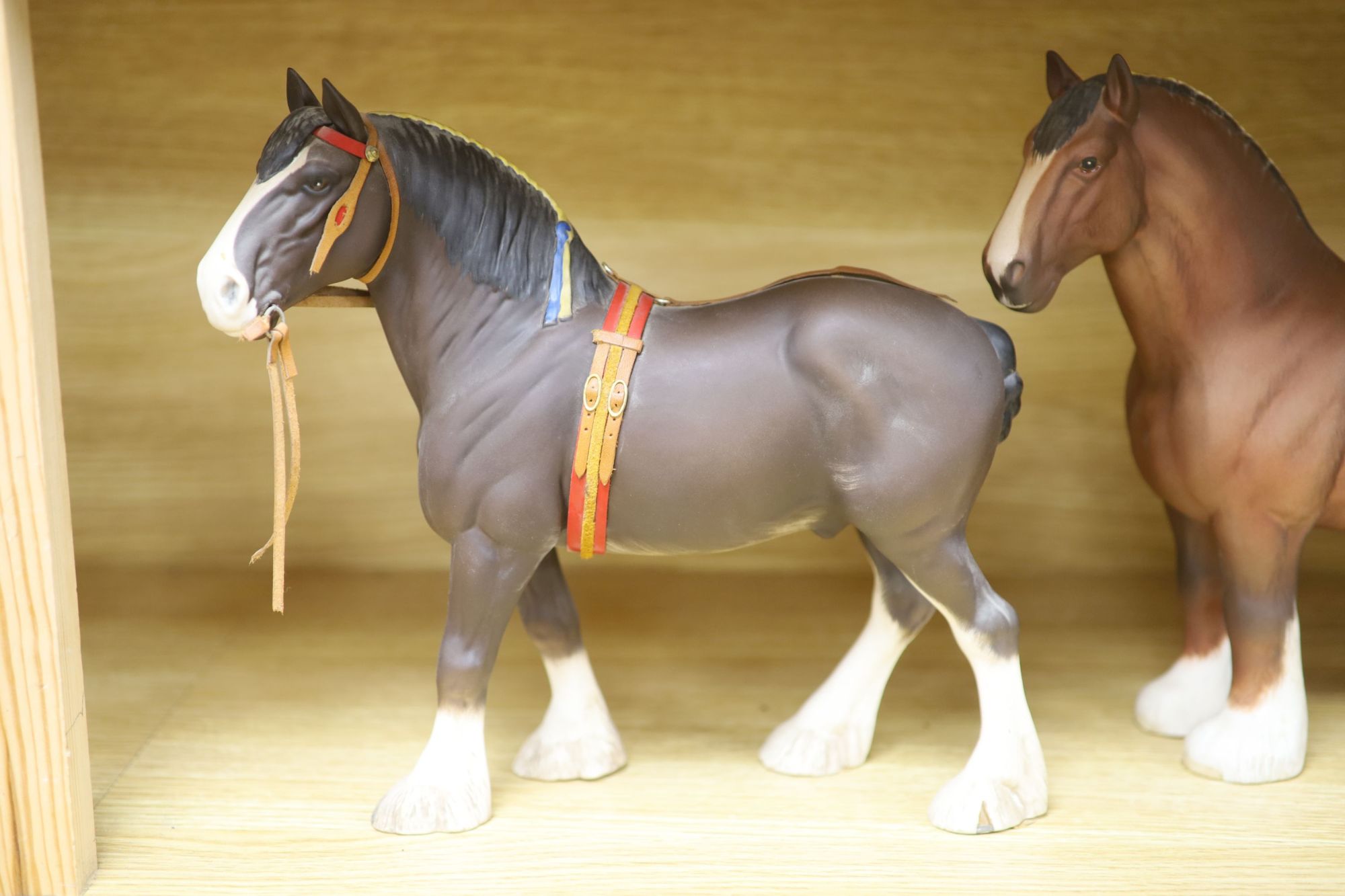 Five Beswick shire horses and a foal